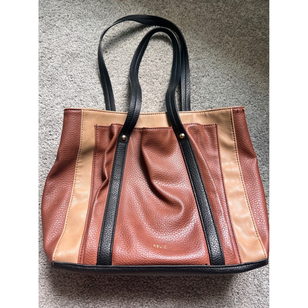 Relic by Fossil Women Colorblock Tote Bag Cognac Tan Black Pebbled Faux Leather